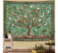Faxdong Boho Tree of LIfe Tapestry, Vintage Flower Leaves Birds Plant Animal Pattern Tapestries, Retro Indian Bohemian Aesthetic Wall Hanging Green 36×48 inch