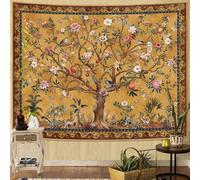 Faxdong Boho Tree of LIfe Tapestry, Vintage Flower Leaves Birds Plant Animal Pattern Tapestries, Retro Indian Bohemian Aesthetic Wall Hanging Orange Yellow 44×60 inch