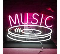 FAXFSIGN Music Record Neon Sign Pink White Led Neon Light Signs for Wall Decor Usb Light Up Signs for Bedroom Studio Music Live Record Store Kids Room Party Decoration