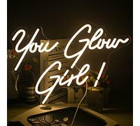 FAXFSIGN You Glow Girl Neon Sign Led Warm White Word Neon Light Up Signs for Wall Decor USB Letter Neon Lights for Bedroom Home Wedding Birthday Party Girls Gifts