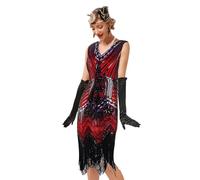 Faxianther 1920's Sequins Fringed Flapper Dress, Women Vintage Roaring 20s Sequin Flowers Cami Dress Halloween Costume Cosplay Prom Dance Cocktail Party Mini Bodycon Dress Clubwear Outfit Red