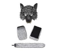 Faxianther 3Pcs Horrific Werewolf Costume Set Men Women 3D Wolf Mask Fuzzy Faux Fur Wolf Cat Fox Claw Paw Gloves Long Tail Halloween Cosplay Role Play Party Werewolf Costume Outfit Props Supplies