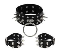 Faxianther 3Pcs Punk PU Leather Choker Bracelets Set Men Women Steampunk Goth O-Ring Spiked Choker Rivets Studded Bracelets Halloween Stage Raves Club Rocker Necklace Collar Wrist Cuffs Jewelry