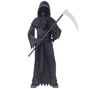 Faxianther Black Grim Reaper Costume Kit Kids Girls Boys Spooky Death Robe Gown Headcover Black Gloves Sickle Set Cosplay Halloween Costume Clothes Outfit Dress Up Prop for 8-12 Yrs