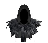 Faxianther Black Hooded Cowl Feather Shrug Set Men Women Gothic Devil Demon Grim Reaper Death Vampire Witch Wizard Short Cloak Cape Feather Shoulder Wrap Halloween Cosplay Costume Outfit Supplies