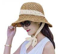 Faxianther Boho Floppy Straw Hats with Lace Ribbon, Women Bohemian Wide Brim Anti-UV Sun Hats Fisherman Hat Portable Roll Up Holiday Fishing Travel Garden Beach Caps Panama Hat Topee Khaki