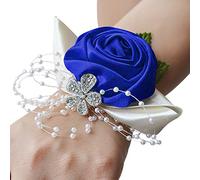 Faxianther Bridal Bridesmaid Chic Satin Rose Wrist Corsage Bracelet Prom Party Wedding Hand Flower Decor Wristband, 1 PC Deep Blue