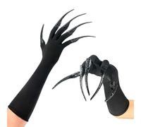 Faxianther Gothic Black Long Gloves Detachable Finger Claw Nail Rings Set, Halloween Cosplay Fancy Dress Party Vampire Death Ghost Zombie Witch Gloves Fake Long Nails Tip Fingernail Rings