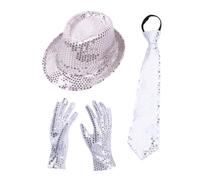 Faxianther Kids Bling Sequin Hat Necktie Gloves Set Girls Boys 3Pcs Sparkly Jazz Dance Fedora Hat Short Gloves Skinny Tie Stage Show Halloween Costume Supplies Outfit Accessory for 6-10yrs