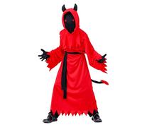 Faxianther Kids Red Devil Costume Set Girls Boys Scary Demon Gown Long Robe Devil Horns Headcover Tail Black Gloves Kit Cosplay Halloween Costume Outfit Clothes Dress Up Prop for 8-12 Yrs