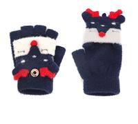 Faxianther Kids Warm Gloves Winter Fingerless Convertible Flip Top Mittens Students Cute Fox Knitted Daily Writing Cycling Half Finger Flap Cover Running Skating 5-10 Yrs, Navy Blue(fox), One Size