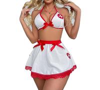 Faxianther Sexy Nurse Costume Lingerie Set Women 3Pcs Nurse Uniform Halloween Cosplay Roleplay Babydoll Set Rave Outfits Night Clubwear Bralette Halter Bra Mini Skirt with G-String