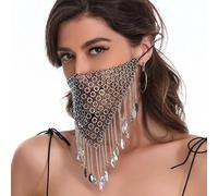 Faxianther Sparkly Rhinestones Mesh Half Face Mask Modern Bling Crystal Face Chain Belly Dance Punk Rock Band Jazz Face Cover Halloween Nightclub Rave Party Masquerade Face Mask Mardi Gras Jewelry