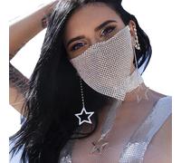 Faxianther Sparkly Rhinestones Mesh Half Face Mask Modern Bling Crystal Face Chain Belly Dance Punk Rock Band Jazz Face Cover Halloween Nightclub Rave Party Masquerade Face Mask Mardi Gras Jewelry