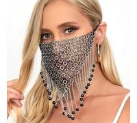 Faxianther Sparkly Rhinestones Mesh Half Face Mask Modern Bling Crystal Face Chain Belly Dance Punk Rock Band Jazz Face Cover Halloween Nightclub Rave Party Masquerade Face Mask Mardi Gras Jewelry