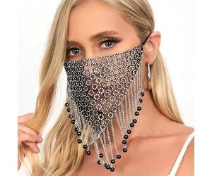 Faxianther Sparkly Rhinestones Mesh Half Face Mask Modern Bling Crystal Face Chain Belly Dance Punk Rock Band Jazz Face Cover Halloween Nightclub Rave Party Masquerade Face Mask Mardi Gras Jewelry
