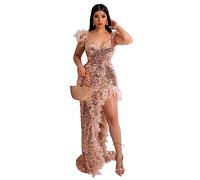 Faxianther Sparkly Sequin Feather Maxi Dress for Women, Sexy V Neck Backless High Split Evening Dress Dinner Prom Gown Cocktail Party Club Night Dresses Bodycon Clubwear