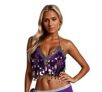 Faxianther Sparkly Sequin Tassels Belly Dance Bra Women Adjustable Halter Neck Back Tie Bikini Top Halloween Cosplay Raves Party Music Festival Night Club Latin Dance Crop Top Camisole Camis