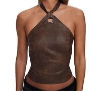 Faxianther Vintage Brown PU Leather Bustier Crop Top, Women Halter Neck Low Back Punk Hippie Camisole Camis Raves Beach Dance Party Night Club Dinner Corset Tank Top Vest Shapewear Clubwear