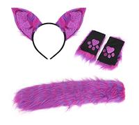 Faxianther Women Sexy Cat Ear Headband Gloves Tail Set, Halloween Animal Costume Accessory Set Cosplay Stage Birthday Party Dress Up Props Headwear Furry Fingerless Gloves