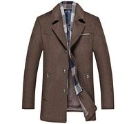 FAXIKIO Mens Coats Winter Woolen Trench Coat Slim Fit Business Jacket Single Breasted Overcoat Outwear with Soft Detachable Check Scarf Coffee