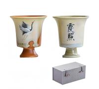 Fay Bless Crane & Sunset Ceramic Goblet Tea Cup Set - 100ml Rustic Pottery Pair, Kung Fu Tea Cups, Tasting & Wine Glasses (Crane & Sunset)