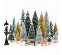 Fayavoo 21Pcs Mini Tree Bottle Brush Set, Christmas Village with Snowman, Reindeer, Bench, Small Trees for Mini Ornaments, Table Decor, Cake Decorations