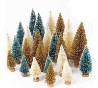 Fayavoo 24pcs Artificial Mini Christmas Trees, Sisal Trees with Wood Base Bottle Brush Snow Frost Trees for Christmas Crafts Tabletop Decor Winter Snow Ornaments Green, Gold and Ivory
