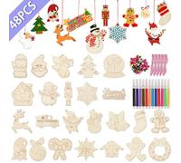 Fayavoo 48Pcs Wooden Christmas Ornaments - 24 Styles Baubles for Crafting With Bells, Colored Markers and Rope - Unfinished Wood Slices for DIY Crafts and Tree Decorations