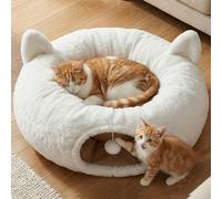Fayavoo Cat Tunnel Bed for Indoor Cats, Soft Plush Round Peekaboo Cat Bed Cave with Washable Cushion, Under Cristmas Tree Cat Donut Tunnel Toys for Kitten Rabbit Puppy (White)