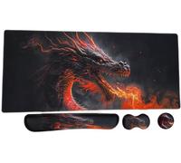 Fayet Dragon Keyboard Mouse Pad Mat Set, Extra Large Gaming Pad + Keyboard Wrist Rest + Mouse Wrist Support + Coaster, Pain Relief, 900 x 400mm Non-Slip Rubber Base Desk Mat for Home Office