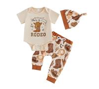 Faymlc Baby Boy Western Clothes My First Rodeo Outfit Short Sleeve Romper Pants Set Hat 3Pcs Newborn Cowboy Summer Outfits (Brown, 6-12 Months)