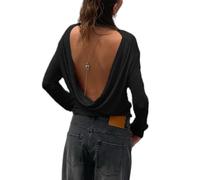 Faymlc Draped Backless Long Sleeve Top for Women Cowl Back Boat Neck Open Back Shirt Y2k Going Out Tops (Black, M)