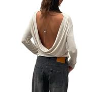 Faymlc Draped Backless Long Sleeve Top for Women Cowl Back Boat Neck Open Back Shirt Y2k Going Out Tops (White, M)