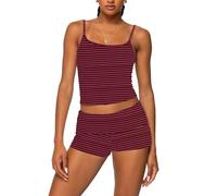 Faymlc Women 2 Piece Striped Pajama Set Y2k Sleeveless Cami Tank Top and Fold Over Shorts Lounge Set Sleepwear, Rose Red, XL