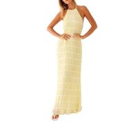 Faymlc Women Halter Neck Pleated Maxi Dress Sleeveless Backless Smocked Long Dress Open Back Flowy Sundress Vacation Dress, Butter Yellow, S