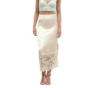 Faymlc Women Lace Trim Long Satin Skirt Silk Midi Slip Skirt Elegant Flowy A-Line Midi Skirts (Split Khaki, L)