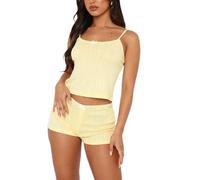Faymlc Women Pointelle Pajama Set Sleeveless Cami Tank Top and Shorts Y2k Cute Pjs 2 Piece Lounge Set Sleepwear, Knitted Butter Yellow, M