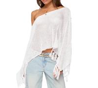 Faymlc Women Sheer Poncho Top Fringed Off The Shoulder Hollow Out Knit Tops Sequin Crochet Poncho Shawl Cover Up Tops, White, L