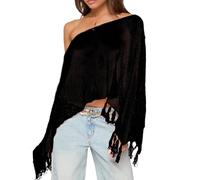 Faymlc Women Sheer Poncho Top Fringed Off The Shoulder Hollow Out Knit Tops Sequin Crochet Poncho Shawl Cover Up Tops, Black, L