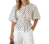 Faymlc Womens Puff Sleeve Polka Dot Shirt Crewneck Smocked Cinched Waist Tops Peplum Blouse Cute Vintage Tops (White, L)