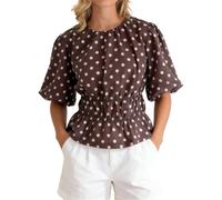 Faymlc Womens Puff Sleeve Polka Dot Shirt Crewneck Smocked Cinched Waist Tops Peplum Blouse Cute Vintage Tops (Dark Brown, L)