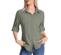 Faysfad Women's Safari Shirt UPF 50 UV Sun Protection Quick Dry Shirts Long Sleeve Hiking Walking Fishing Outdoor Travel(5081,Grey Green,XL)