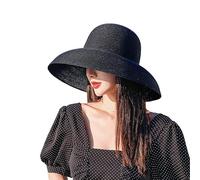 FAYTEK Women's Vintage Hepburn Straw Sun Hat Bell Shaped Wide Brim Vacation Beach Sun Cap Summer Solid Color UV Protection Travel Caps (Black)