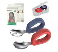 FAZLANIX Toddler & Baby Stainless Steel Spoon and Fork with Travel Case - Pack of 2 - Easy Grip Self-Feeding Weaning - Dishwasher Safe Cutlery - BPA Free - Soft & Ergonomic Silicone Handles - Blue/Red