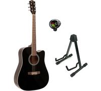 Fazley W40-BK Acoustic Steel-String Guitar (Black) + Stand + Tuner