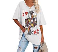 Fazortev Womens Oversized Queen Of Hearts Graphic T Shirts Casual V Neck Half Sleeve Summer Loose Tees Tunic Tops, White, XXL
