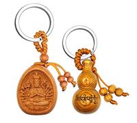 Fazovin Buddha Keychain with a Feng Shui Wu Lou Bodhisattva Amulet Talisman Make of Peachwood, Avalokiteśvara Buddha, Medium