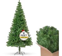 FB FunkyBuys 8ft Artificial Christmas Trees with Foldable Metal Stand, 1300 PVC Tips - Realistic Spruce Branches Easy Assembly - Indoor Outdoor Large Xmas Tree for Christmas Home Decoration (Green)