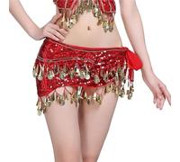 FBANULPEX Chiffon and Metal Belly Dance Hip Scarf | Multicolor for Dance, Party, Fitness: Hip Scarf with Coins(Red)